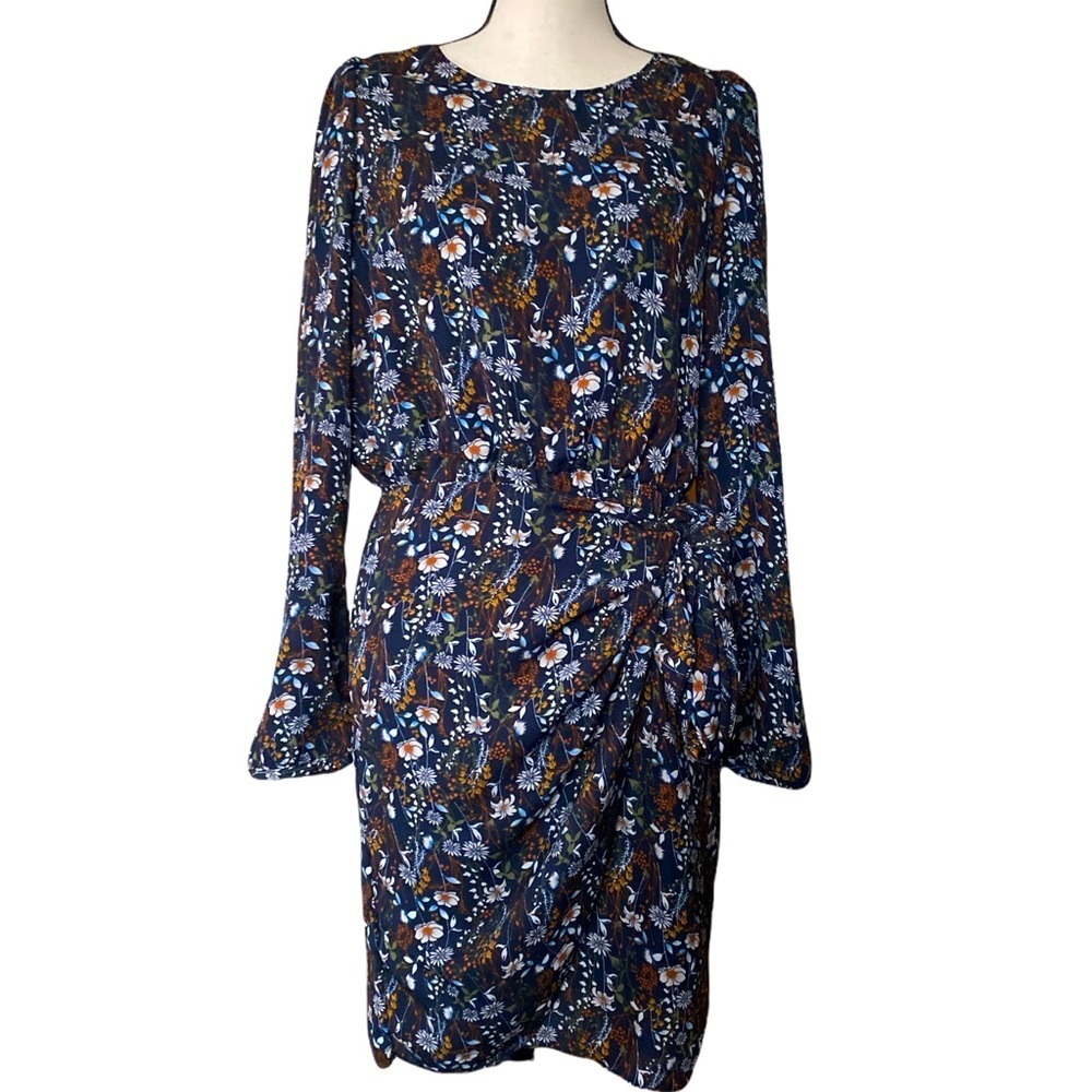 Self tie blue floral garden faux wrap double skirt‎ long sleeves blouson dress M